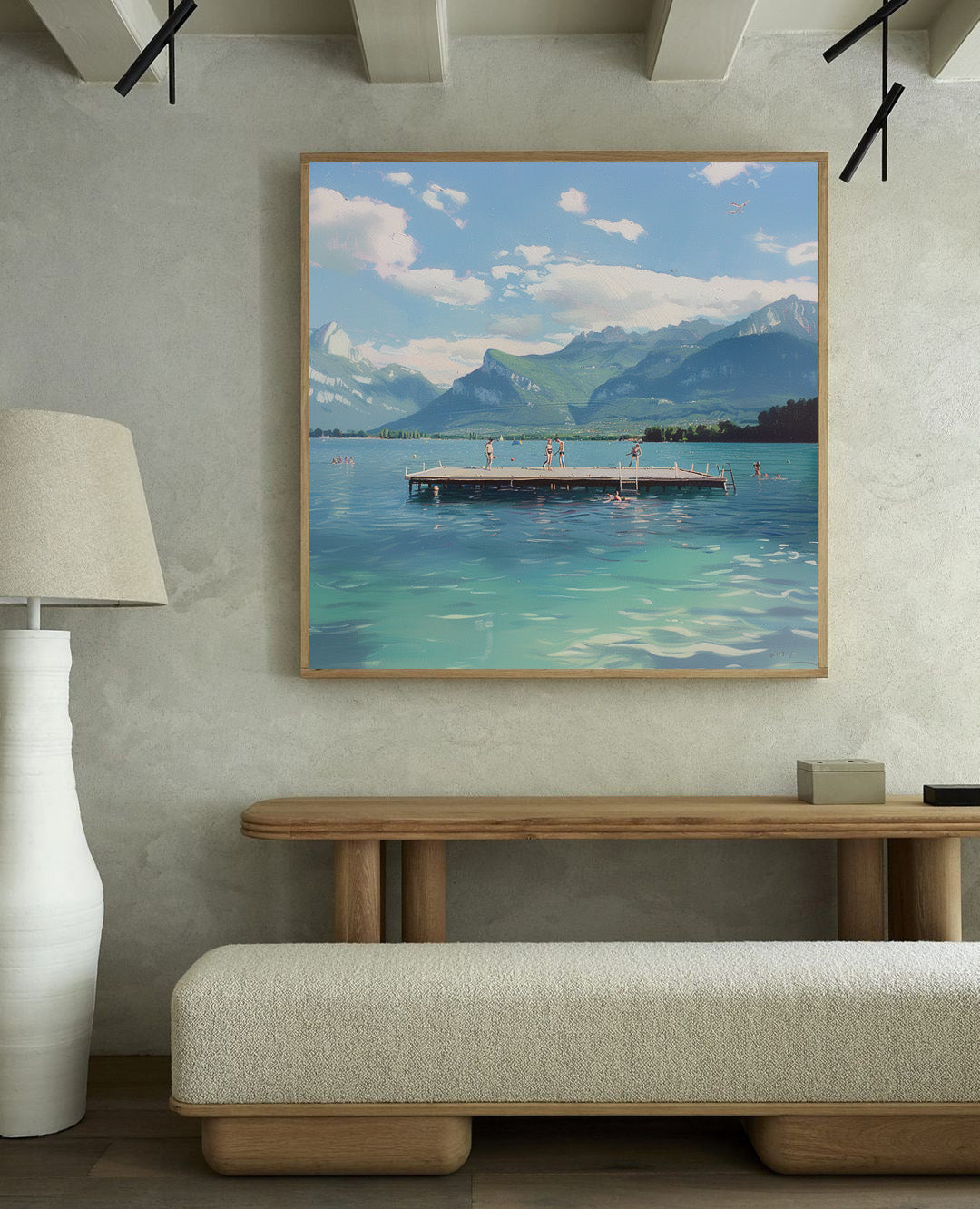 Modern Blue Lake Painting Canvas Art of Swimmers in the Blue Lake Original Hand Painted Acrylic Painting Art