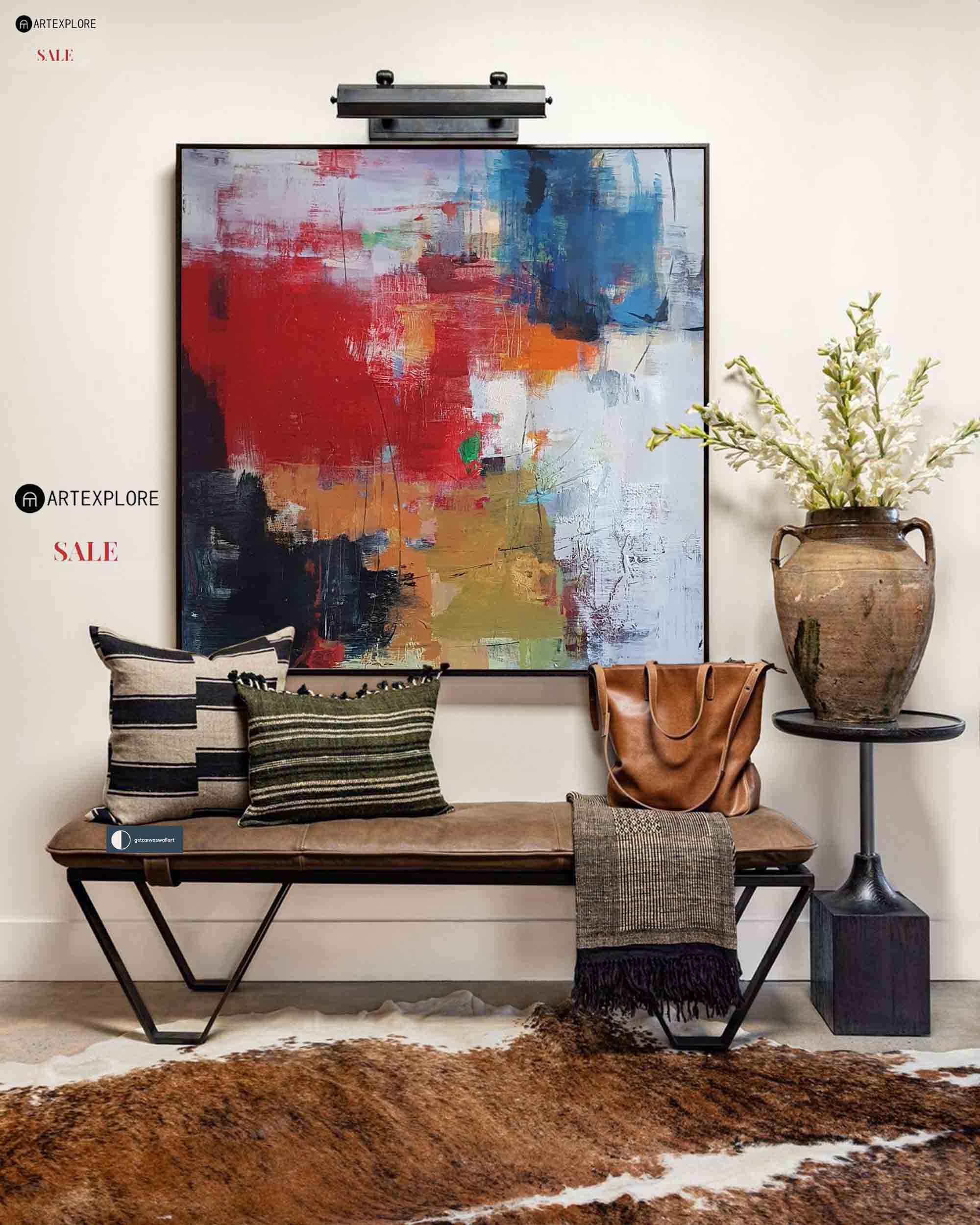 Red Abstract Canvas Art Modern Colorful Canvas Painting Red Square Canvas Painting