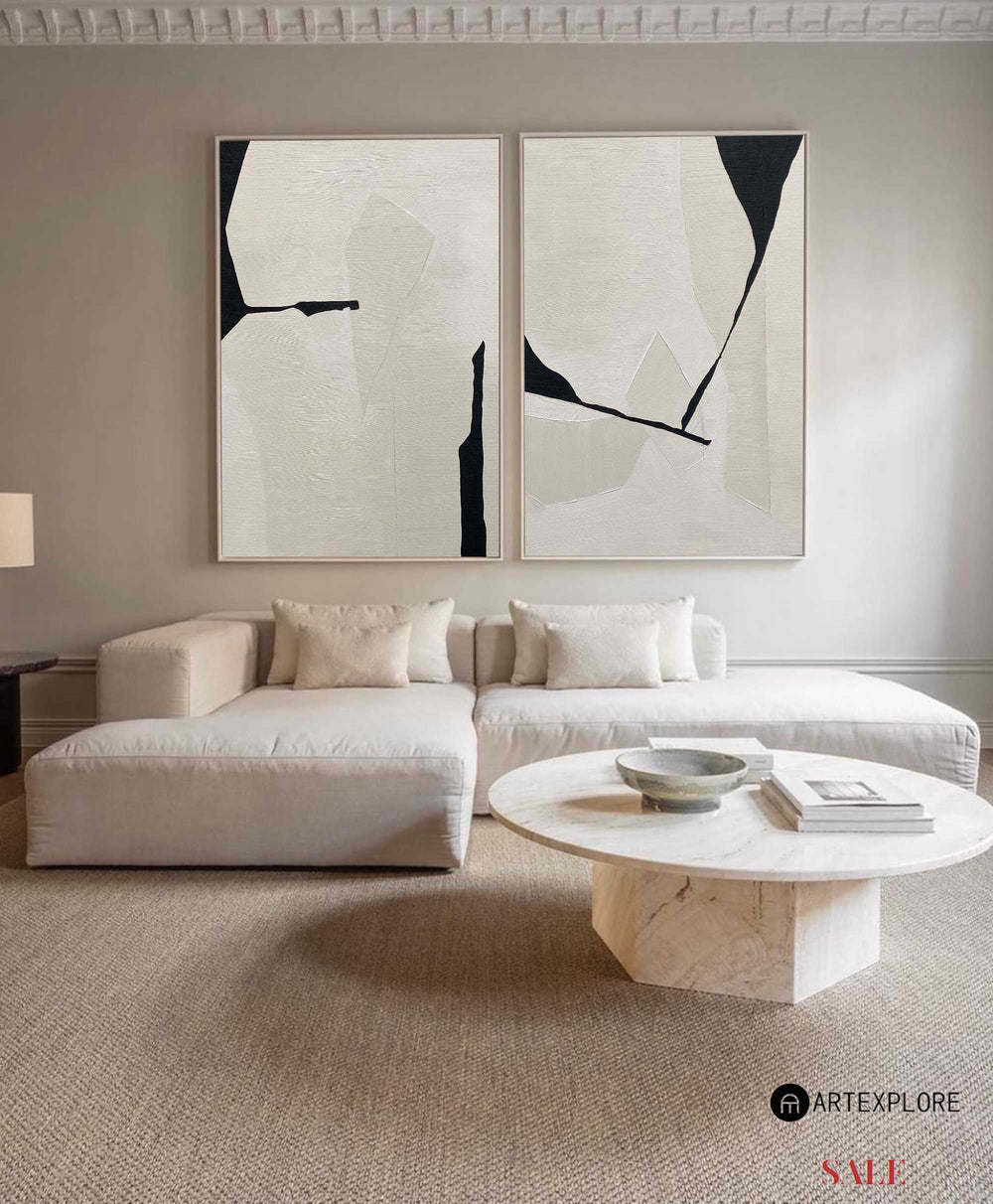 Wabi-Sabi Beige And Black Diptych Painting Set Of 2 Beige Minimalist Art Abstract Canvas Wall Art