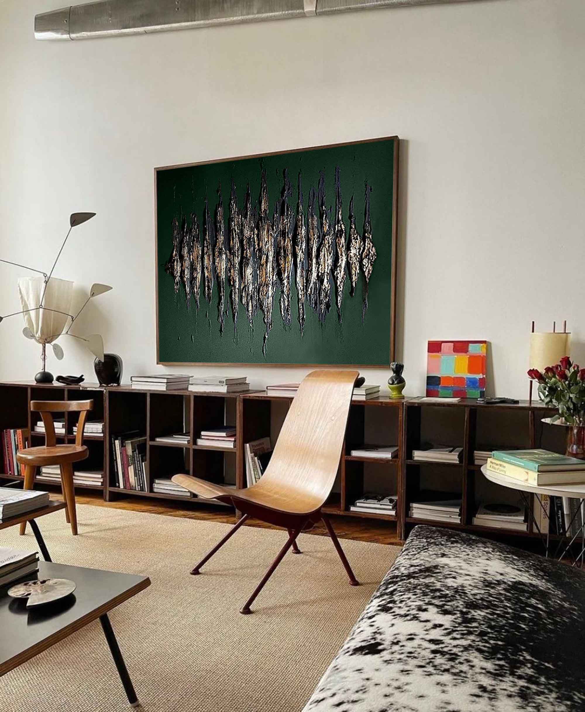 Green And Gold Abstract Painting Plaster Canvas Wall Art Modern Abstract Art Canvas Wall Art