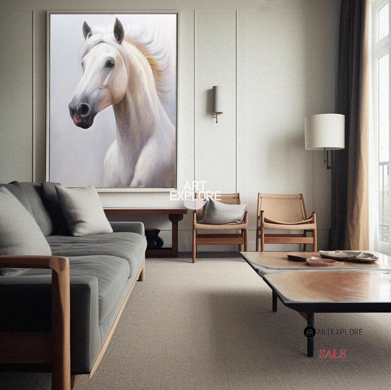 Modern White Horse Painting White Wild Horse Wall Art White Horse Canvas Artworks