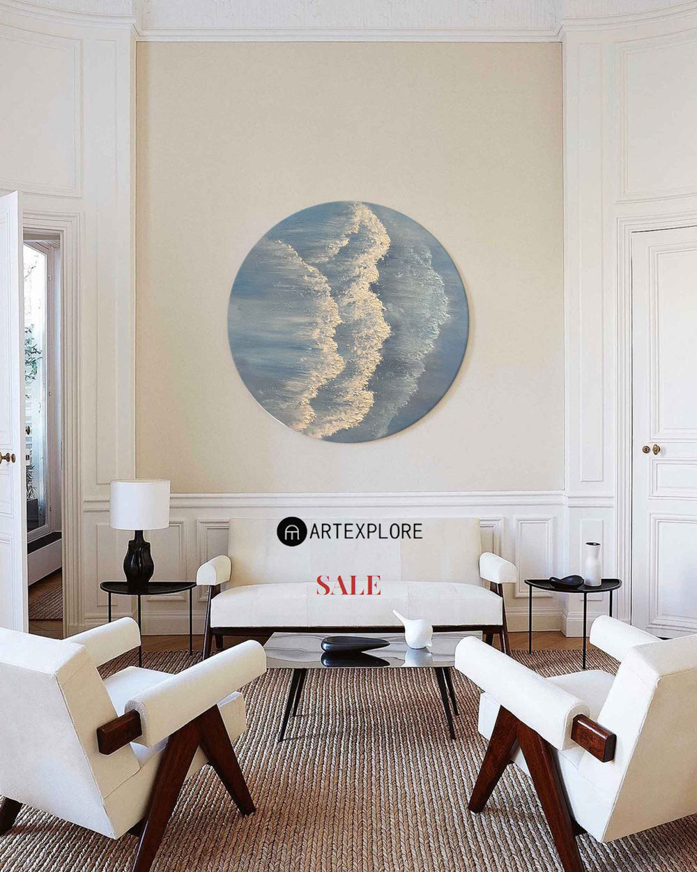 Circular Blue Wave And Ocean Painting Blue Wall Art Framed Painting Modern Abstract Art
