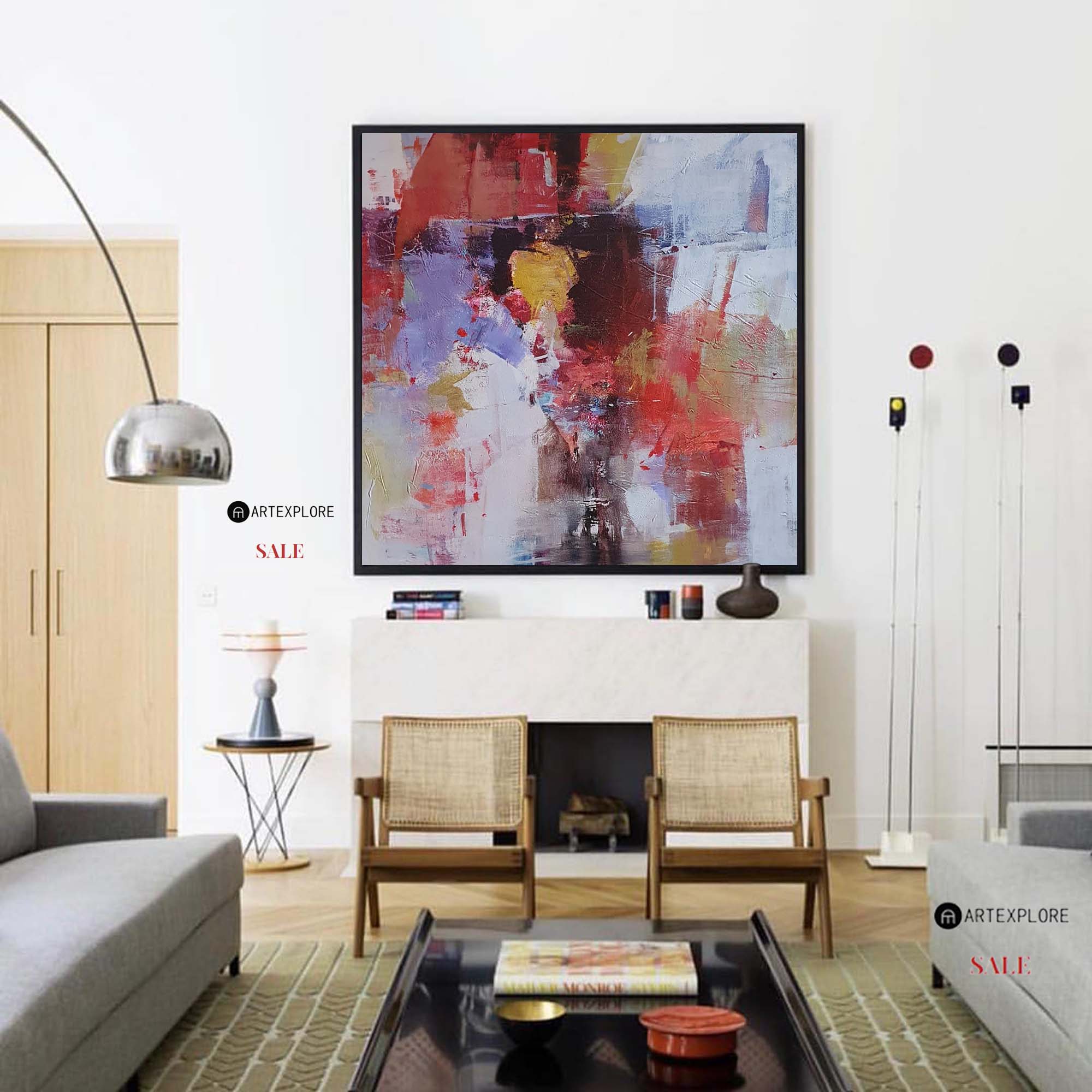 Red Abstract Canvas Art Red Square Wall Art Modern Red Painting Framed Canvas Painting