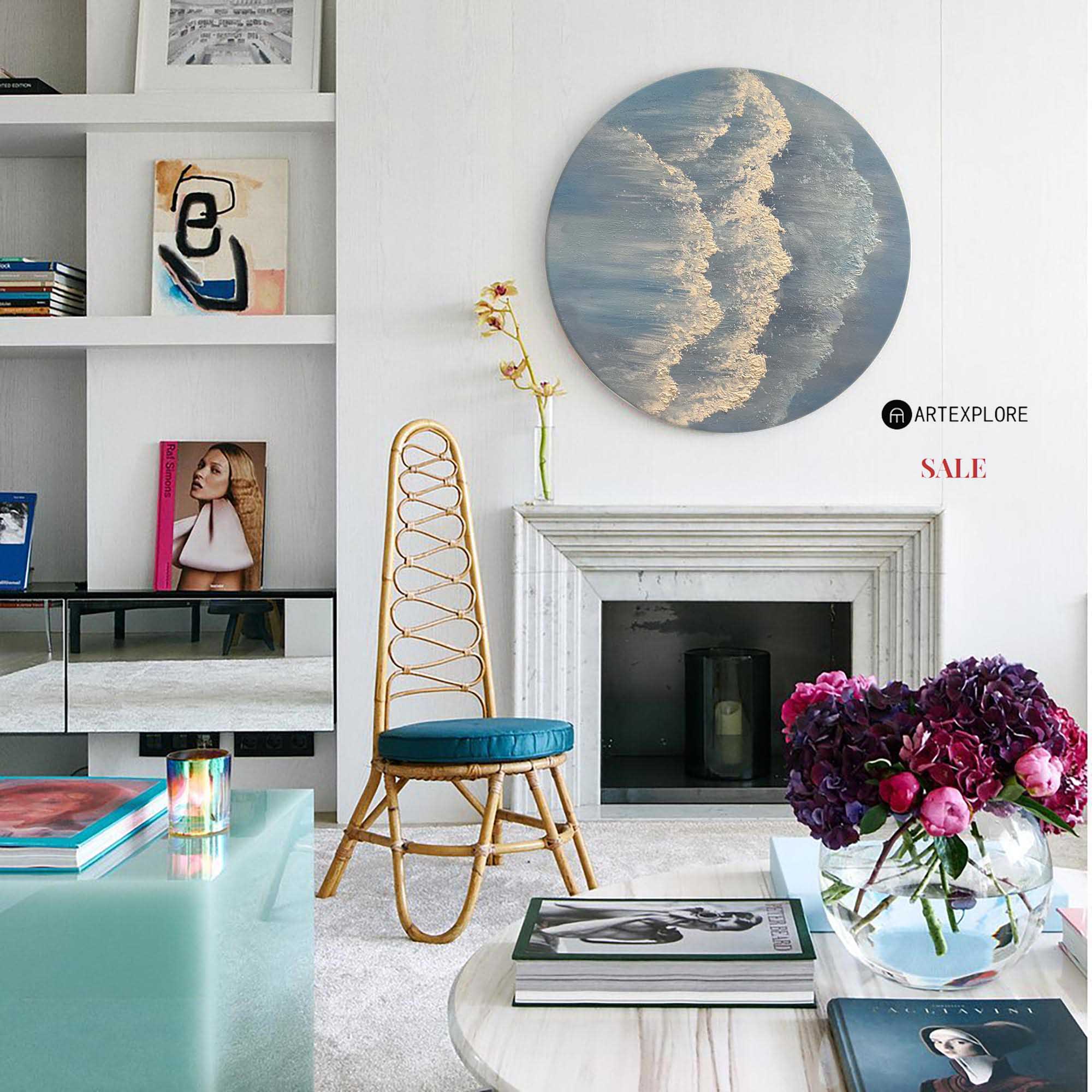 Circular Blue Wave And Ocean Painting Blue Wall Art Framed Painting Modern Abstract Art