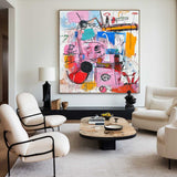 Modern Colorful Graffiti Paintings Basquiat Painting Square Handmade Wall Art For Sale