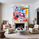 Modern Colorful Graffiti Paintings Basquiat Painting Square Handmade Wall Art For Sale
