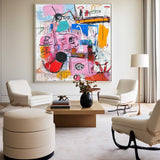 Modern Colorful Graffiti Paintings Basquiat Painting Square Handmade Wall Art For Sale
