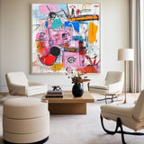 Modern Colorful Graffiti Paintings Basquiat Painting Square Handmade Wall Art For Sale