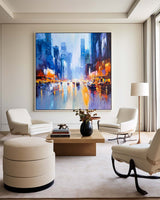 Modern Blue Urban Canvas Wall Art Rich Textured Acrylic Cityscape Canvas Art For Livingroom