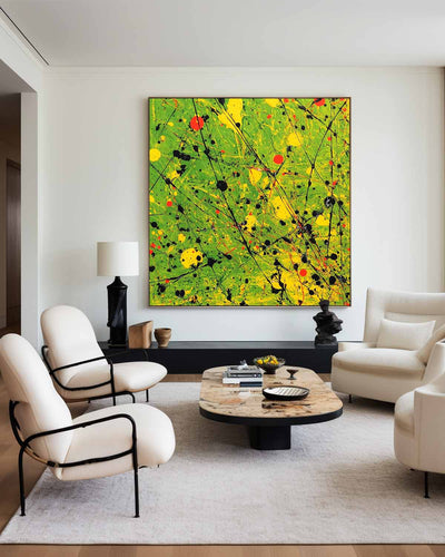 Large Green Canvas Wall Art Green Bold Textured Painting Jackson Pollock Art Painting For Livingroom