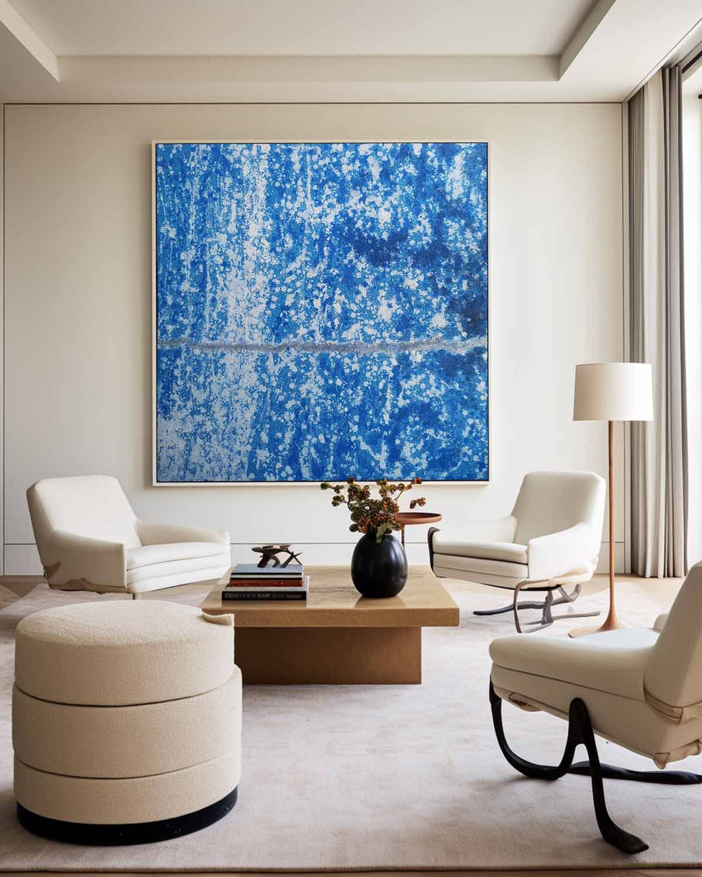 Large Blue Pollock Wall Art Bauhaus Painting Square Abstract Wall Art Original Canvas Art For Sale