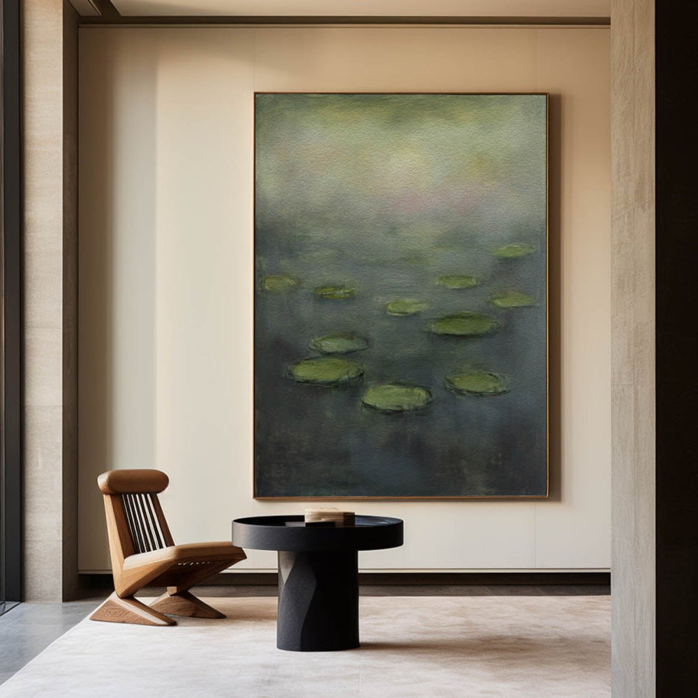 Green Lotus Pond Art Painting Lage Abstract Impressionist Paintings Vertical Artworks for Livingroom