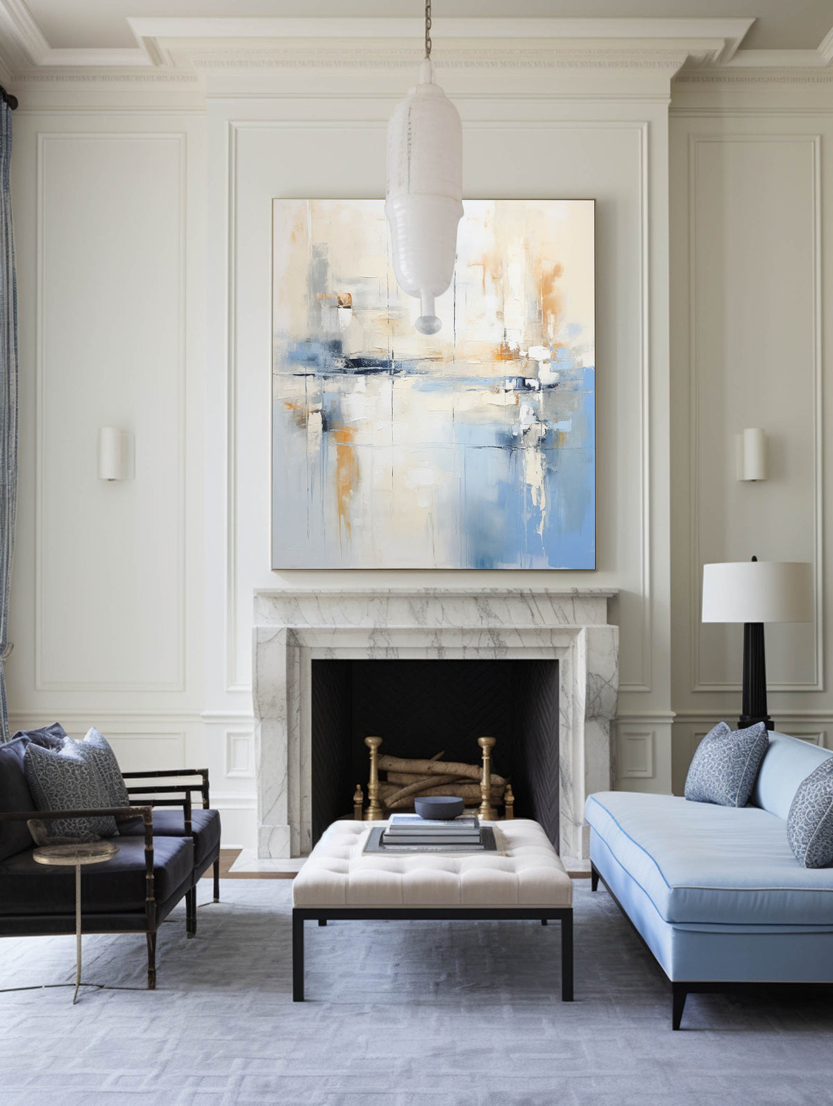 Blue And White Handmade Paintings Brush Stroke Minimalist Canvas Wall Art Abstract Paintings