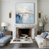 Modern Blue Palette Knife Painting For Livingroom Minimalist Wall Art Blue And White Framed Painting