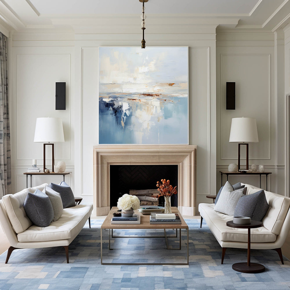 Modern Blue Palette Knife Painting For Livingroom Minimalist Wall Art Blue And White Framed Painting