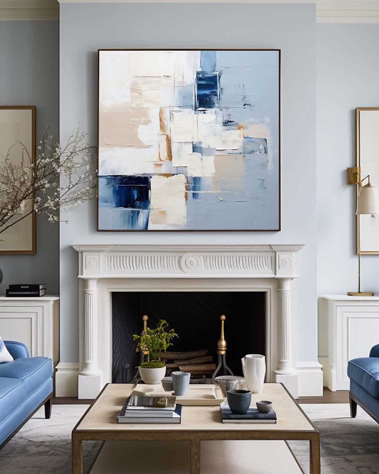 Large Blue And White Palette Knife Painting Minimalist Canvas Wall Art Handmade Paintings