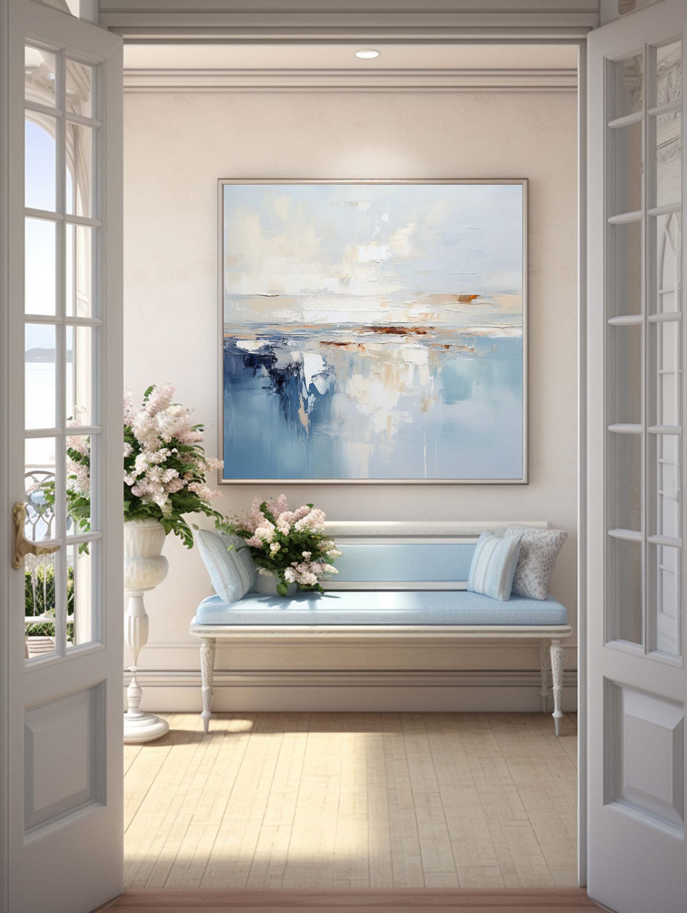 Modern Blue Palette Knife Painting For Livingroom Minimalist Wall Art Blue And White Framed Painting