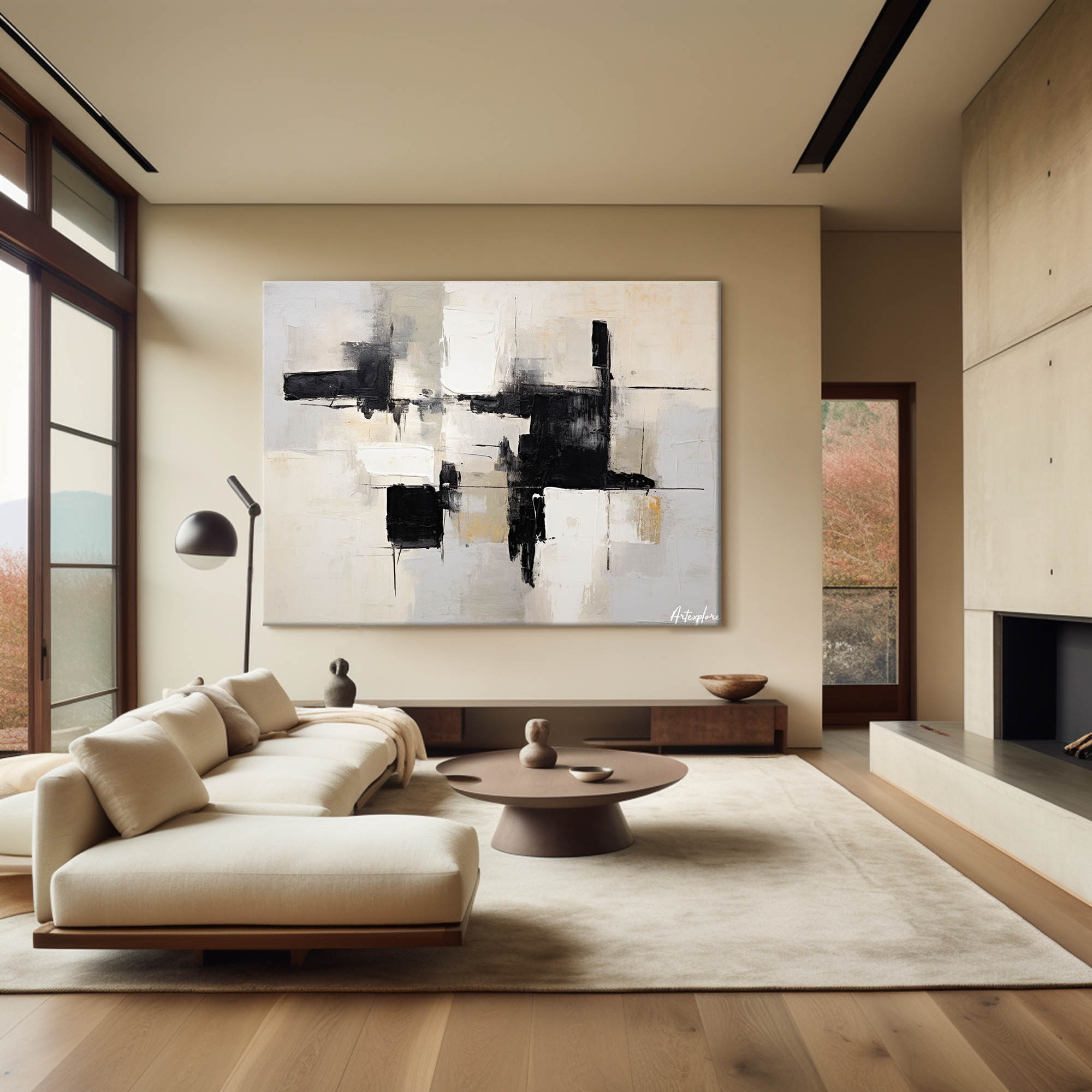 Large Black And White Abstract Art Minimalist Canvas Art Textured Horizontal Paintings