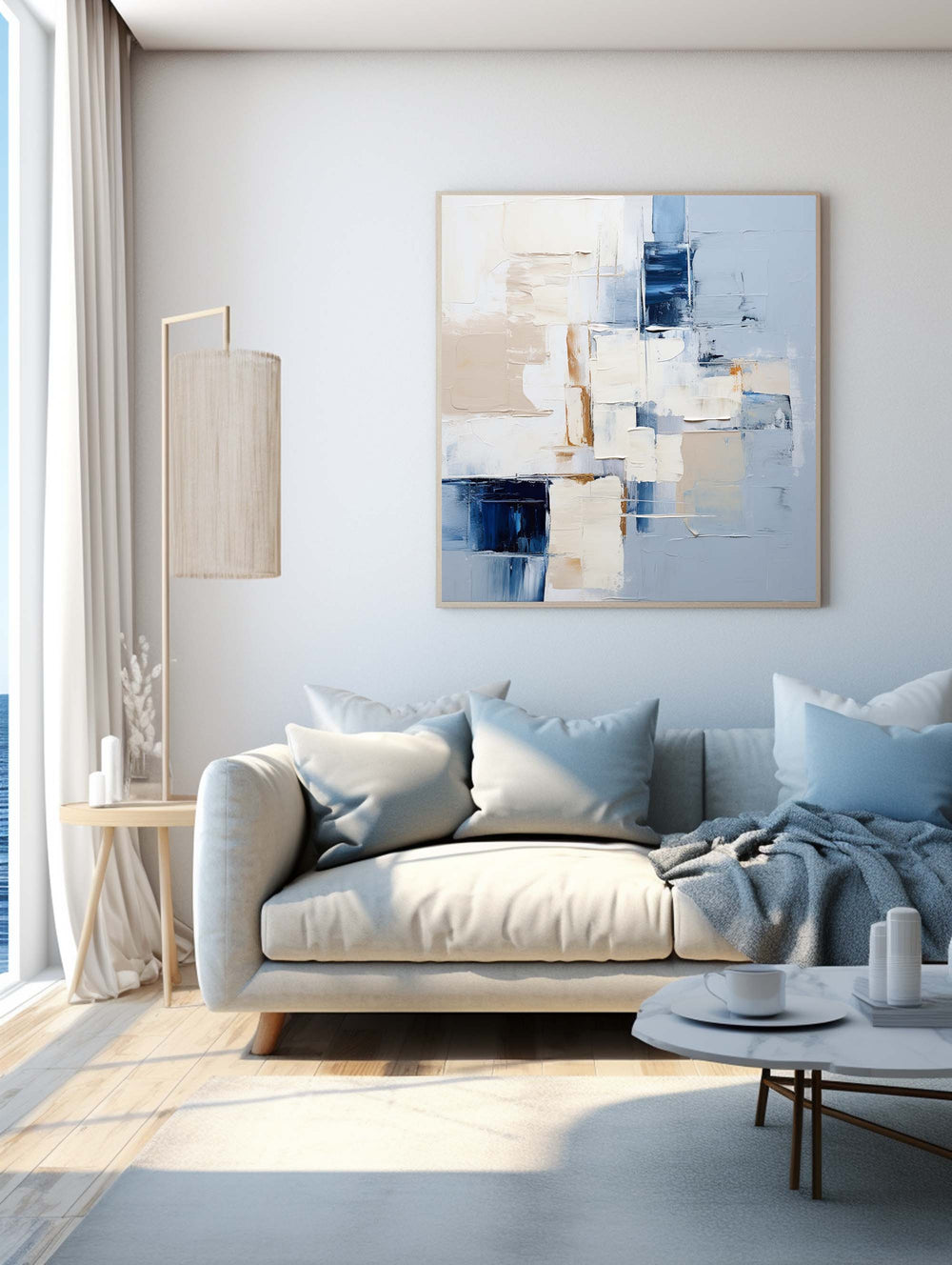 Large Blue And White Palette Knife Painting Minimalist Canvas Wall Art Handmade Paintings