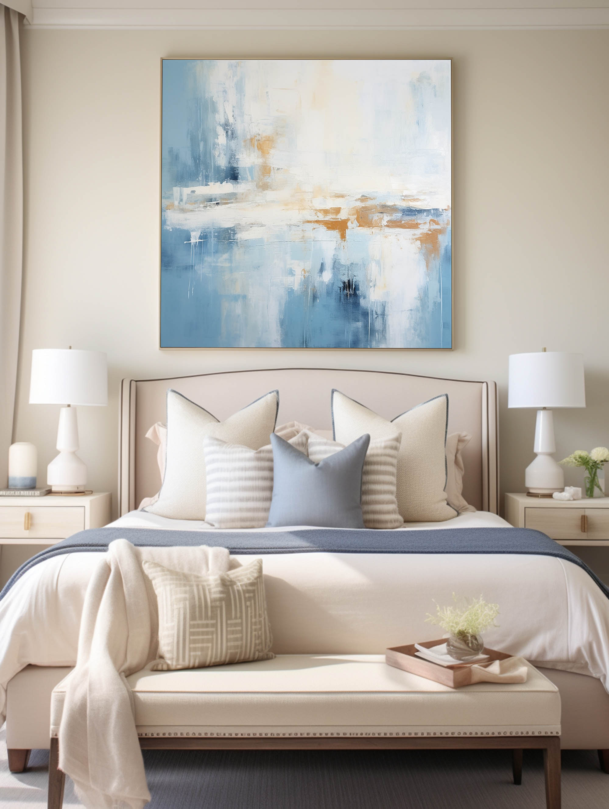 Blue And White Abstract Handmade Paintings Brush Stroke Minimalist Painting Abstract Art