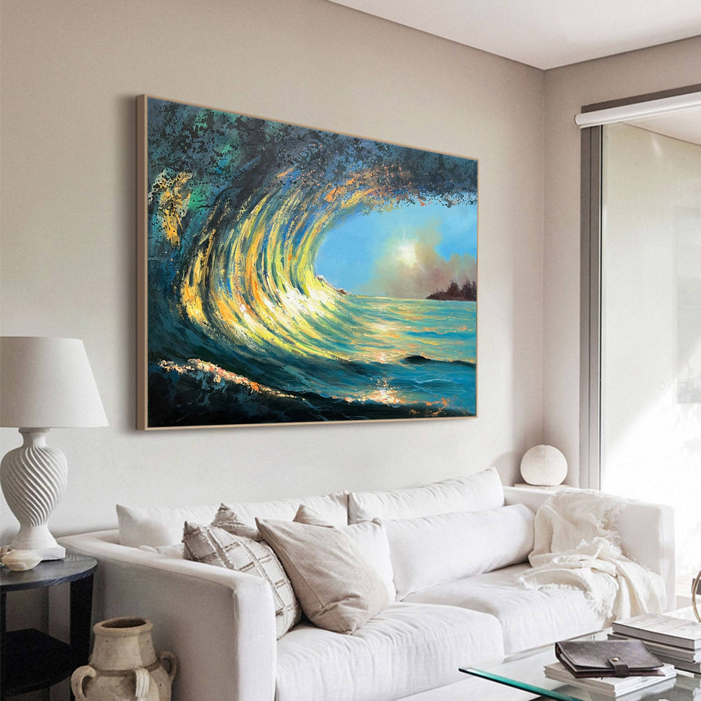 Sunrise And Wave Landscape Acrylic Painting Large Wave Canvas Art Huge Ocean Wave Art For Living Room Wall Art