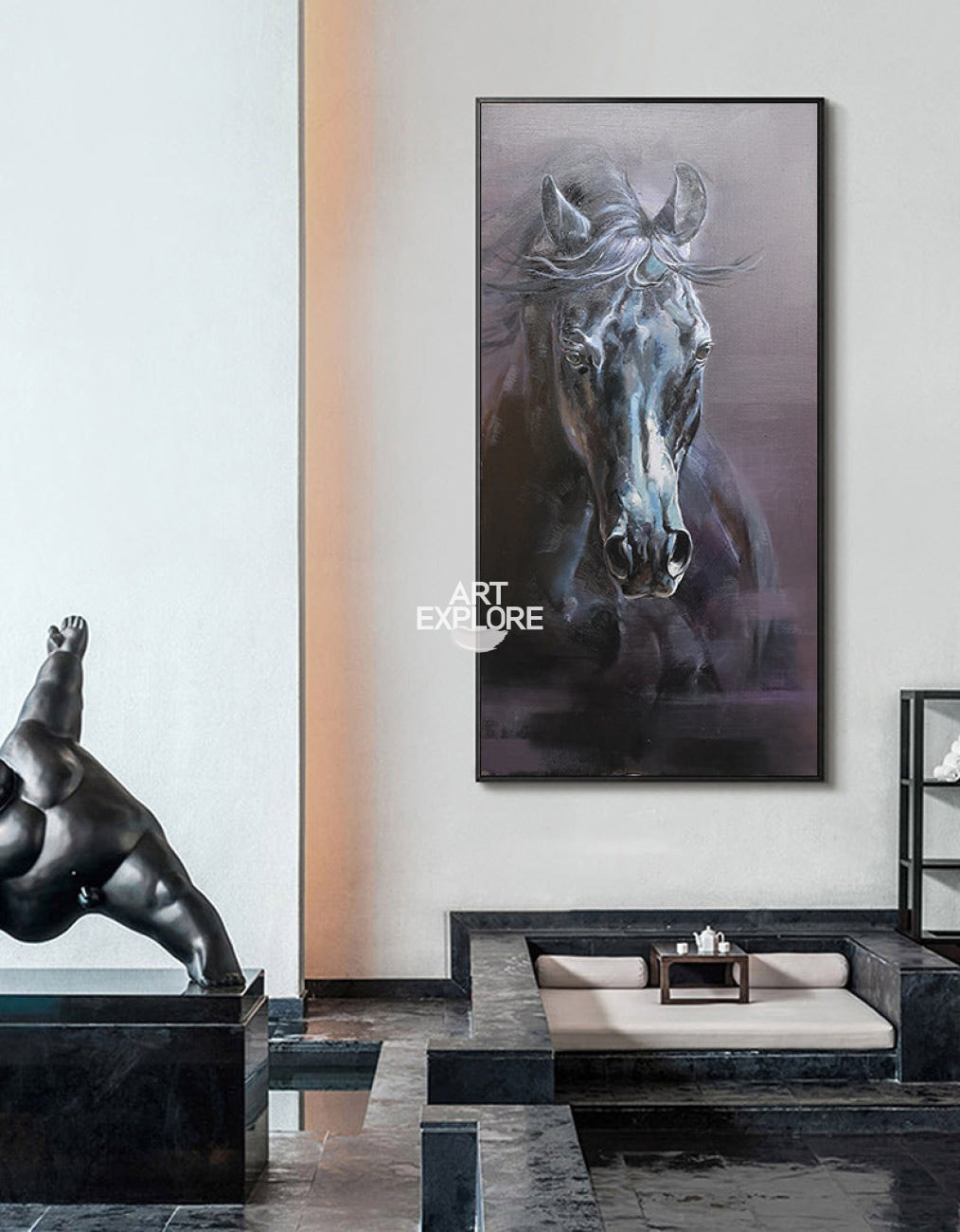 Large Black Arabian Horse Paintings Equestrian Painting Framed Horse Wall Art