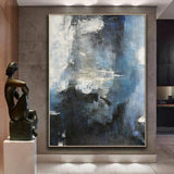 Oversized Blue White Black Abstract Art Dark Blue Painting Modern Blue Art For Wall