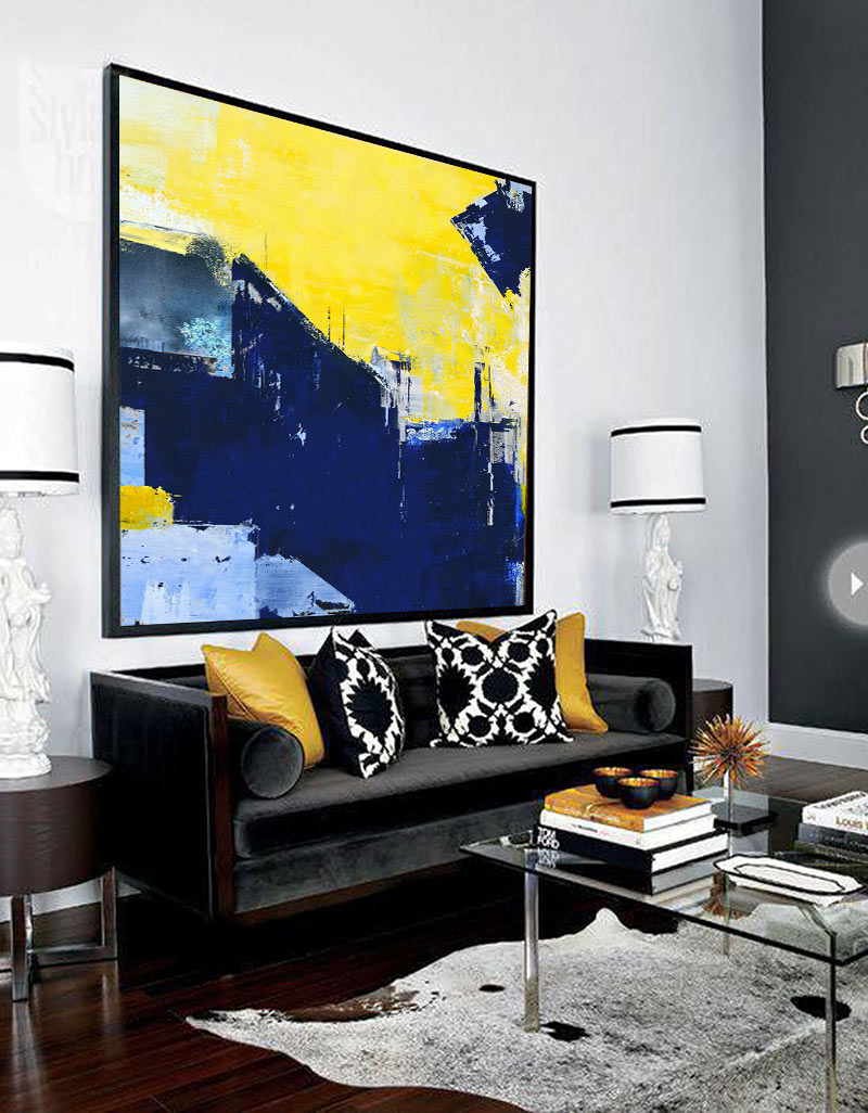 Orange Abstract Art Navy Blue Canvas Painting Custom Canvas Wall Art