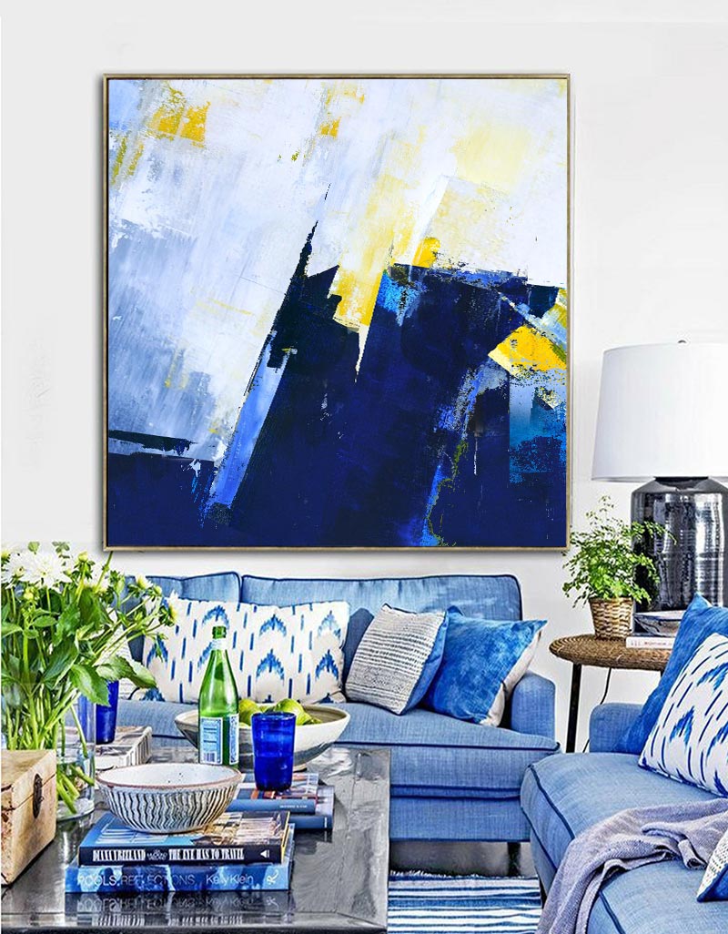 Original Blue And Yellow Abstract Art Extra Large Abstract Squares Canvas Painting