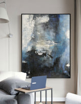 Oversized Blue White Black Abstract Art Dark Blue Painting Modern Blue Art For Wall
