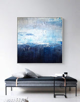 Original Extra Large Square Navy Blue Abstract Ocean Painting On Canvas