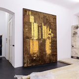 Large Brown Gold Abstract Cityscape Canvas Art Modern Abstract Wall Art City Canvas Art For Sale