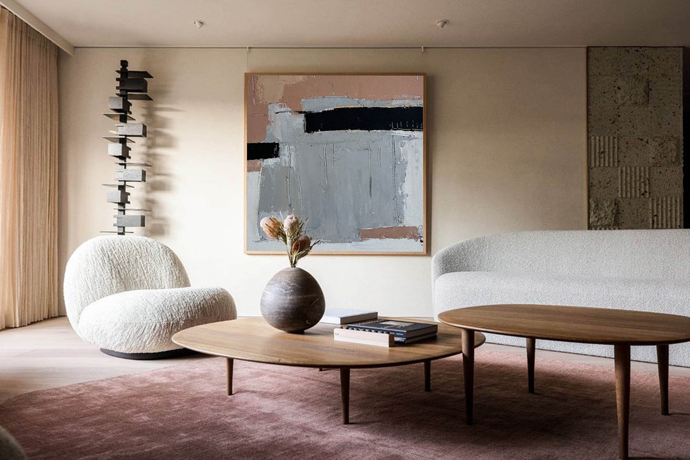Large Grey Pink Abstract Painting, Oversized Abstract Art, Modern Abstract Art Canvas Wall Art