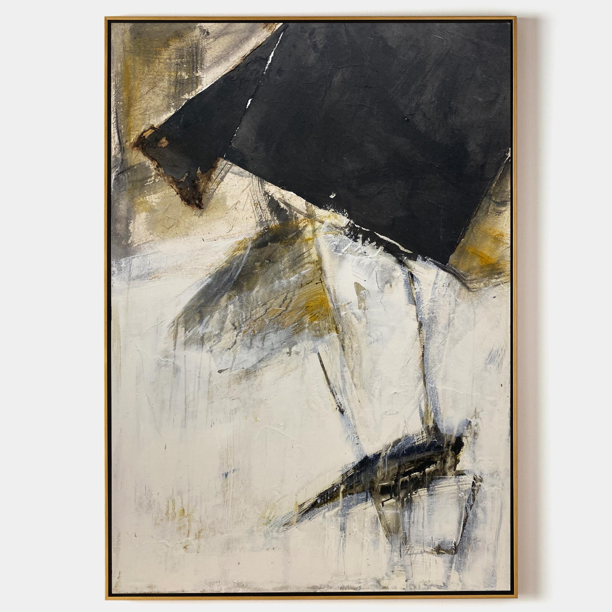 Large Vertical Modern Canvas Wall Art Original Black White Yellow Abstract Painting On Canvas Abstract Wall Art