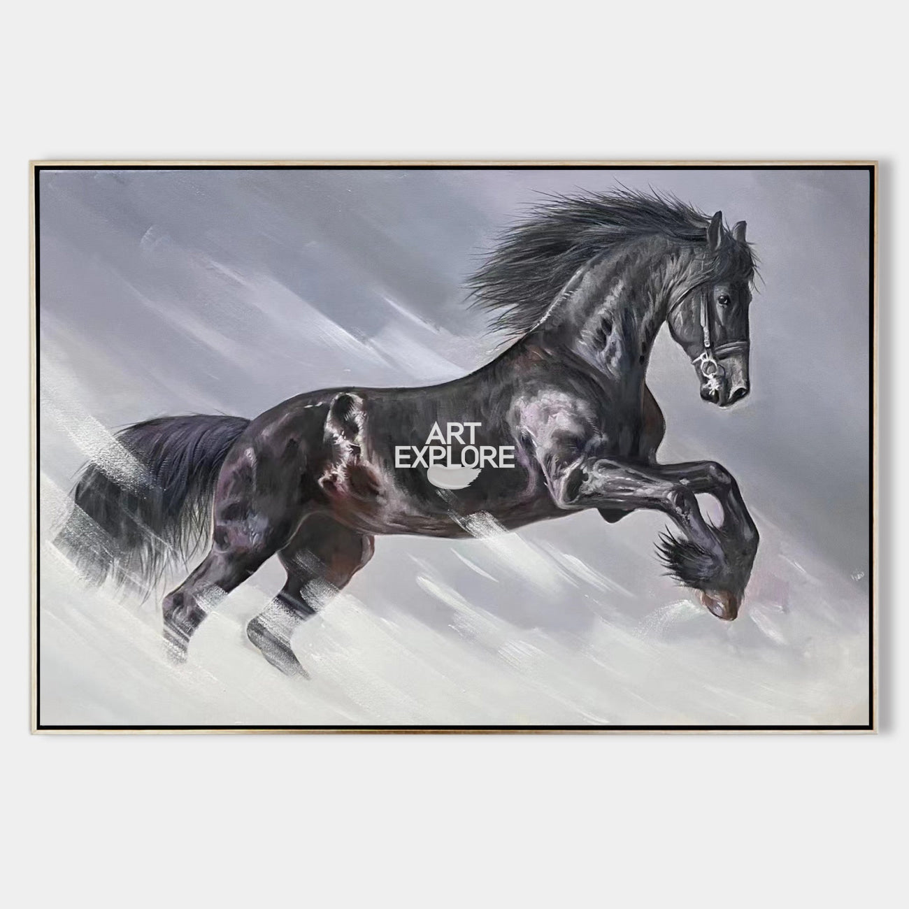 Modern Acrylic Horse Painting Black Running Horses Canvas Wall Art Extra Large Wild Horse For Sale