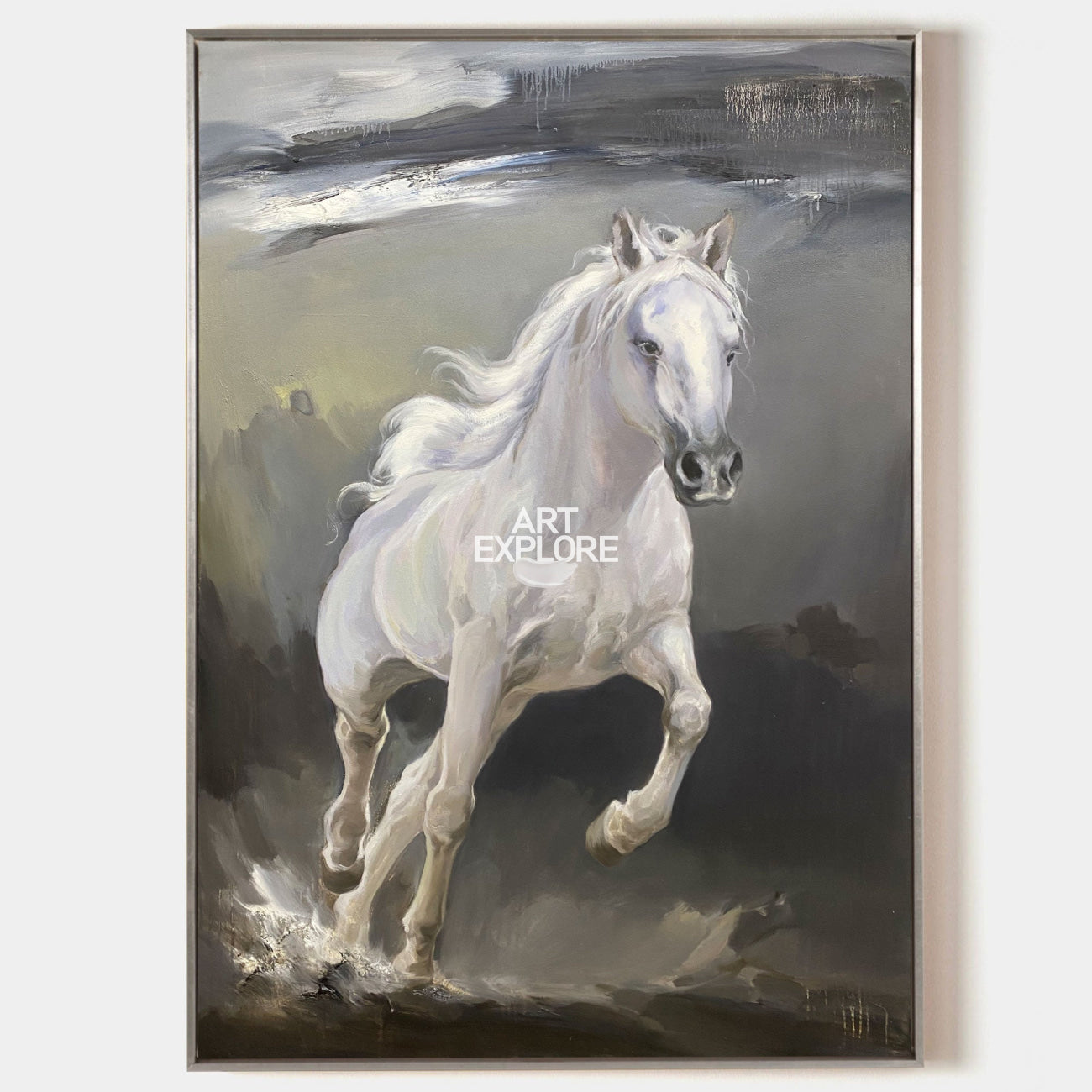 Contemporary Running White Horse Art Big Horse Oil Paintings On Canvas Horse Modern Wall Art