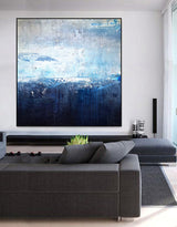 Original Extra Large Square Navy Blue Abstract Ocean Painting On Canvas