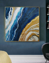 Gold And Blue Abstract Art Large Square Modern Canvas Art For Living Room