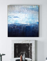 Original Extra Large Square Navy Blue Abstract Ocean Painting On Canvas