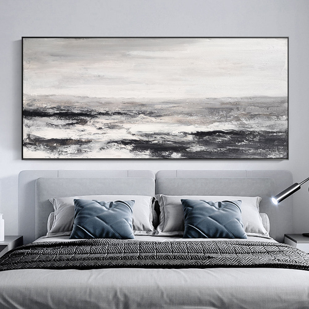 Large Black And White Beach Painting Acrylic Panoramic Abstract Seascapes Extra Large Coastal Wall Art