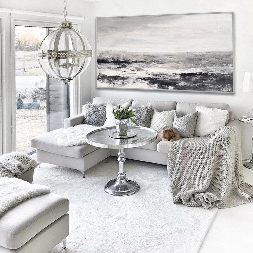 Large Black And White Beach Painting Acrylic Panoramic Abstract Seascapes Extra Large Coastal Wall Art
