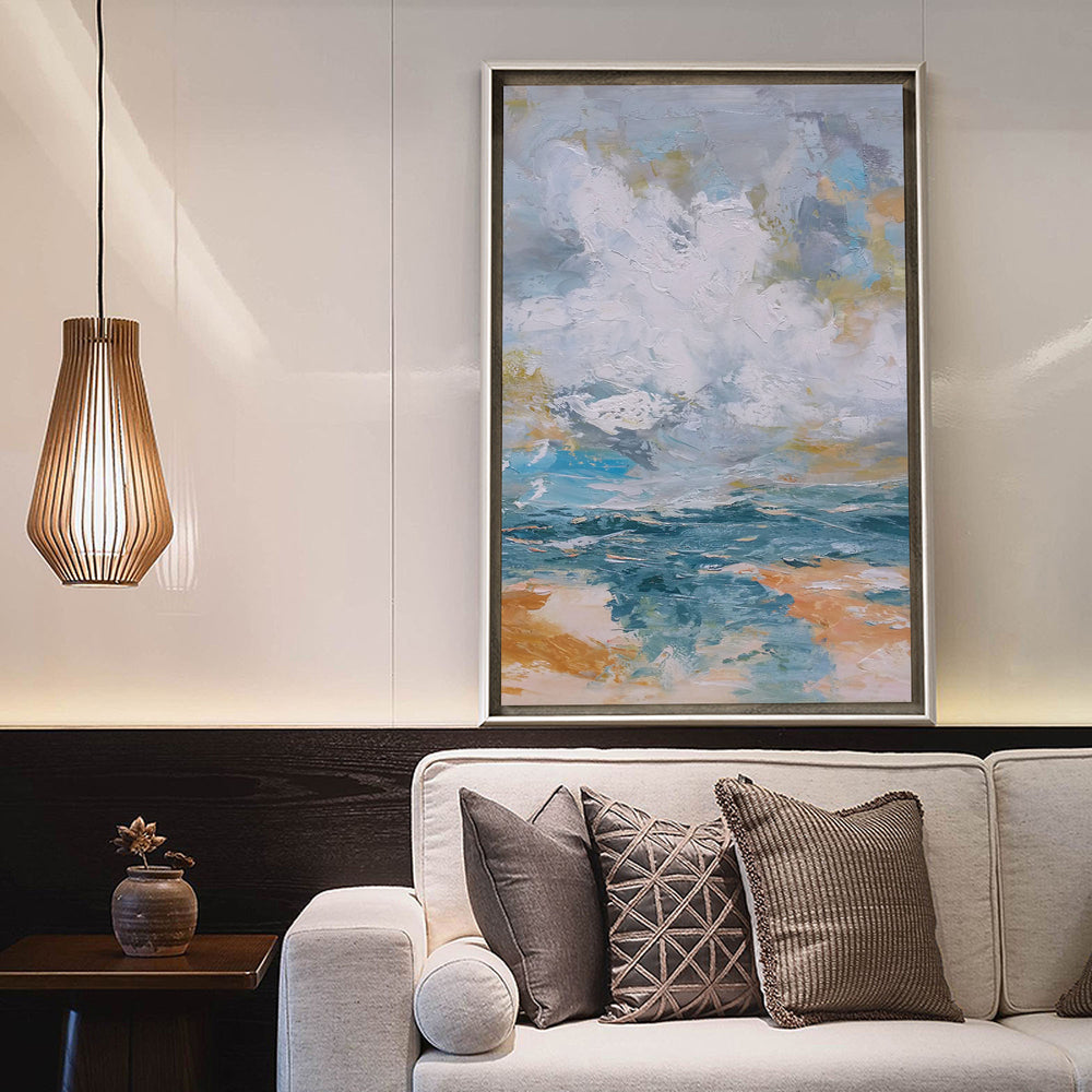 Vertical Modern Beach Canvas Painting Abstract Ocean Painting Large Beach Artwork For Living Room