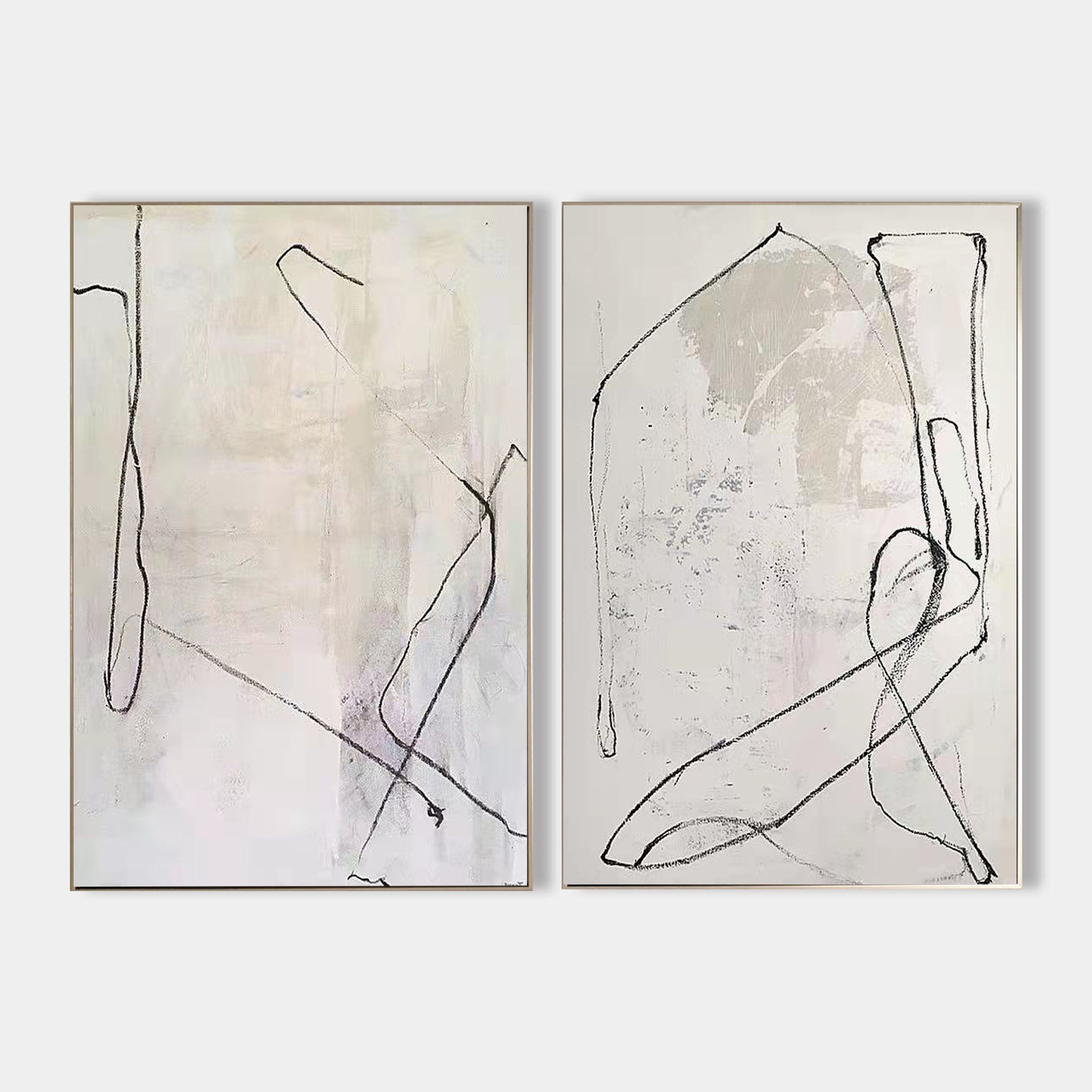 Modern Black Line Abstract Wall Art Set Of 2 Beige Minimalist Painting Beige And White Minimalist Wall Art For Sale