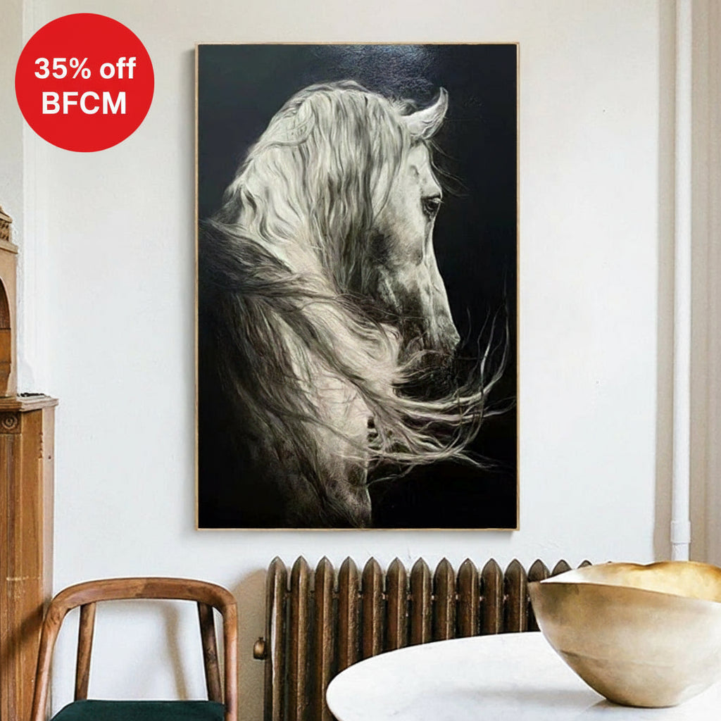 Large White Horse Oil Painting Wild Horse Canvas Art Black and White Horse Painting Livingroom painting