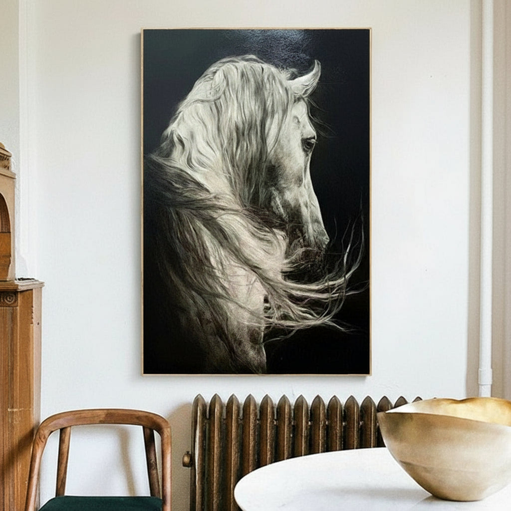 Large White Horse Oil Painting Wild Horse Canvas Art Black and White Horse Painting Livingroom painting