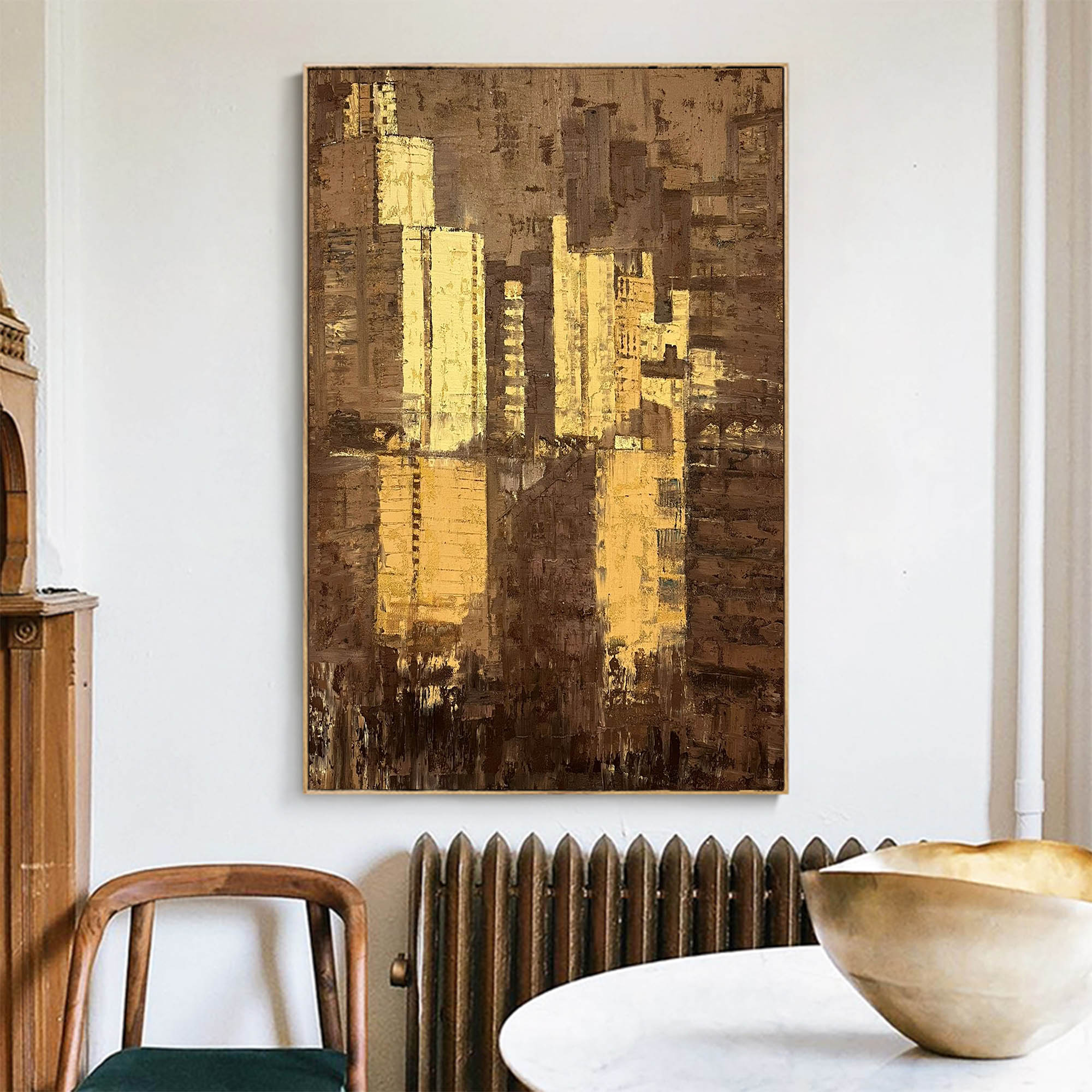 Large Brown Gold Abstract Cityscape Canvas Art Modern Abstract Wall Art City Canvas Art For Sale