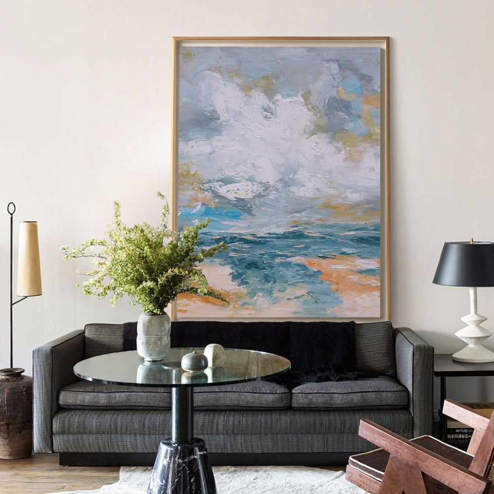 Vertical Modern Beach Canvas Painting Abstract Ocean Painting Large Beach Artwork For Living Room