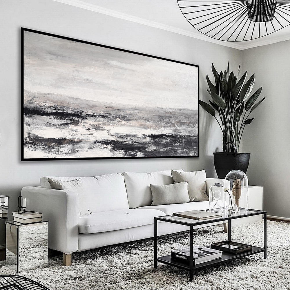 Large Black And White Beach Painting Acrylic Panoramic Abstract Seascapes Extra Large Coastal Wall Art