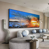 Big Ocean Sunset Painting Orange Wave Wall Art Large Coastal Painting Bright Color Painting Blue Beach Wall Art Framed Sky Canvas Art Decor