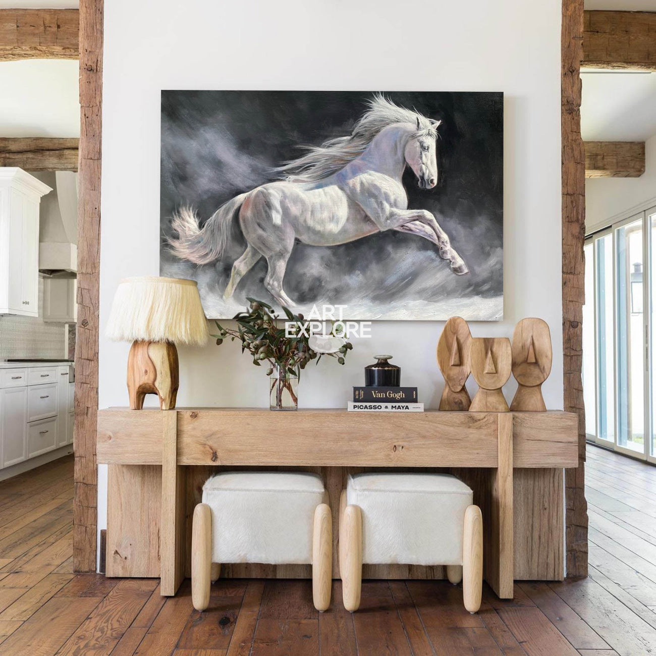 Modern Wild Running Horses Canvas Wall Art Extra Large White Horse Acrylic Painting For Sale